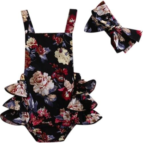 2PCS Newborn Toddler Baby Girls Clothes Flower Romper Sleeveless Jumpsuit Outfits Headband Clothes
