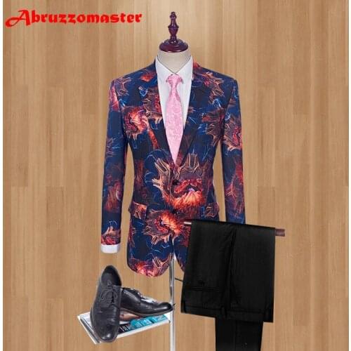 2020 Printed Groom Tuxedos Fire red Groomsman Suit Custom Made Man Suit Stage Wear wedding suit Man Blazers and Black pants