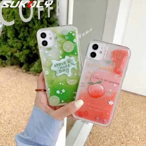 For iPhone 12 11 Pro Max XR XS Max 8 7 Plus SE 2020 Peach Lemon Patterned Liquid Quicksand Soft Clear Case Shockproof Back Cover