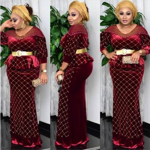 African Design VeLvet Pearl Diamond Long Dress Big Elastic Material New For Lady