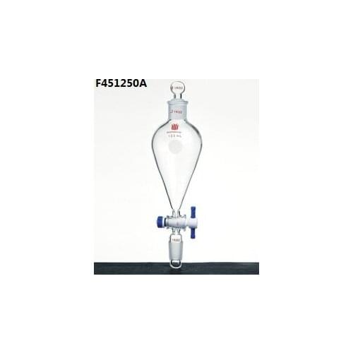 F451250A: Funnel, Separatory, Capacity:250ml, Joints:14/20, PTFE stopcock:4mm, Stopper:Glass