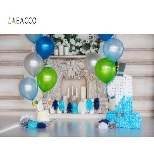Laeacco 1st Birthday Photophone Balloons Fireplace Candles Flowers Photography Backgrounds Baby Portrait Party Photo Backdrops