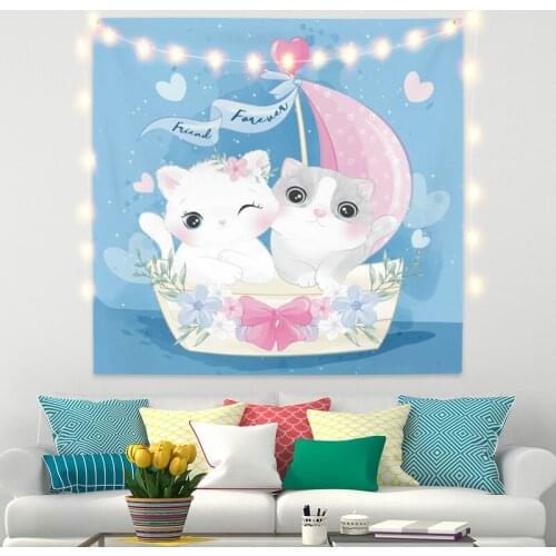 Cartoon Cat Sailing Blue Tapestry for Bedroom Wall Decor Wall Hanging