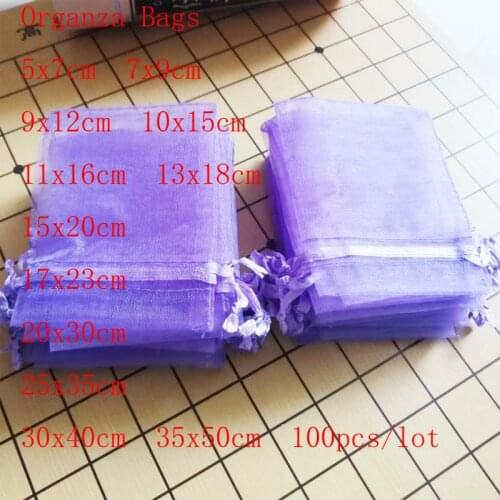 Hot 100Pcs/lot Purple Organza Bags 7x9 9x12 10x15 13x18 15x20 cm Wedding Gift Packaging Drawstring Bags&Jewelry Pouches 2019