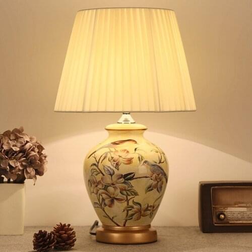 Chinese flower&bird ceramic Table Lamps Classic yellow body dimmer/touch fabric E27 LED lamp for bedside&foyer&studio MJ1024