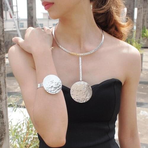 Punk Metal Statement Set Jewelry Set Big Bangle Torques Geometric Choker Necklace Bracelet Sets Women Fashion 2020 UKMOC