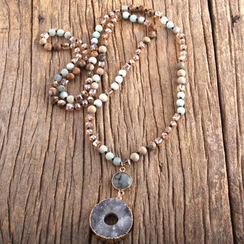 MD Fashion Boho Jewelry Accessory 6mm Stones Long Knotted With Round Druzy Pendant Necklaces Femme Bohemia Necklace Gift