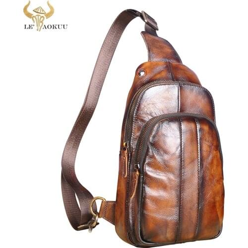 Men Retro Original Leather Casual Design Chest Sling Bag Fashion Travel One Shoulder Bag 8" Tablet Umbrella Daypack Male 8006