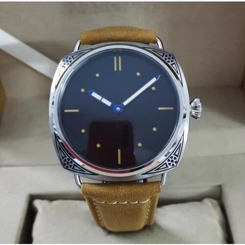 No logo 47mm carving pattern watch case Black dial blue hand Manual mechanical mens Watch ST3600-1 swan neck movement