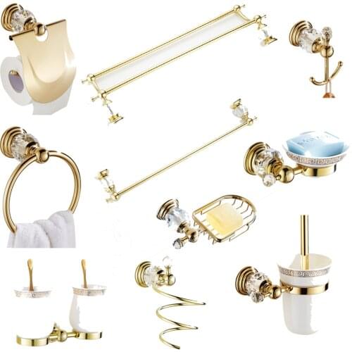 Gold Zinc-Alloy&Crystal Wall Mounted Bath Hardware Set Clothes Towel Hook Toilet Paper Holder Towel Ring Bathroom Accessory Set