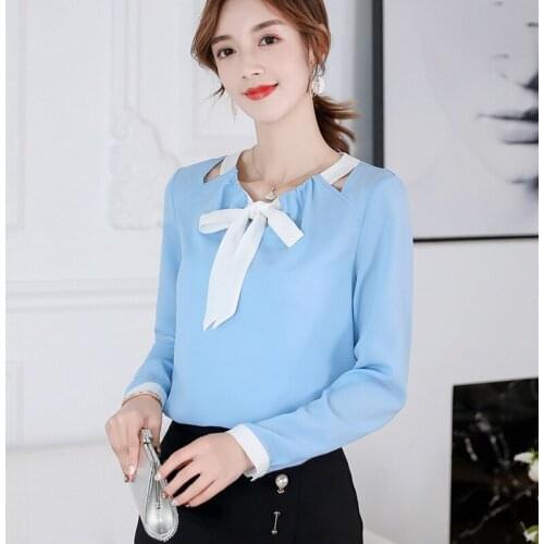 New Korean Chiffon Shirt Women Spring Summer Slim Long Sleeve Bowknot Blouse Office Lady Fashionable Leisure Shirts Top H9066