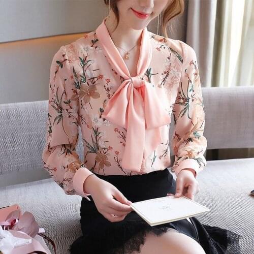 Bow-Knot Chiffon Shirts Women Long Sleeve Floral Blouses Loose Print Tops Fashion Temperament Spring Autumn Style Blusas MM0322