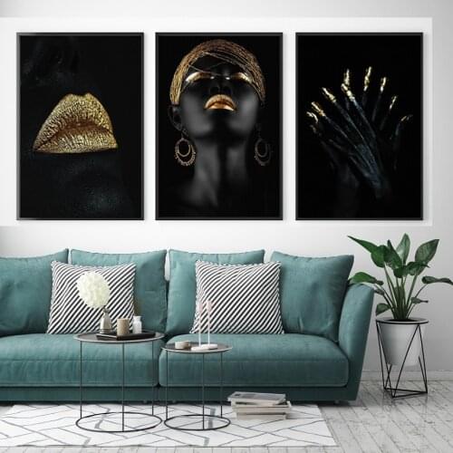 Modern Black Sexy Girl Lips Photo Pictures Gold Canvas Painting Wall Art For Living Room Home Decor Posters and Prints