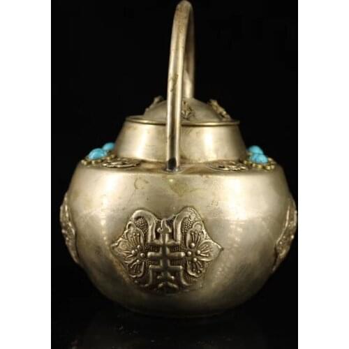 Old Tibetan hand-made gem-set silver dragon&phoenix style jug decoration kettle teapot
