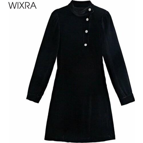 Wixra Womens Half High Collar Lace Up Rhinestone Button Long Sleeve Solid Mini A-Line Dress Ladies 2021 Spring Summer Fashion