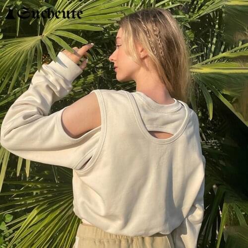 SUCHCUTE Hollow Out Sweatshirts Sportwear Women Casual Long Sleeve Crop Top White O Neck Pullovers Streetwear Fashion Sweatshirt