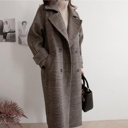 Women Elegant Winter Jacket wool Plaid Brown Oversize Overcoat Long Bandage Woolen Coat Cardigan Plus Size Manteau Femme Hiver