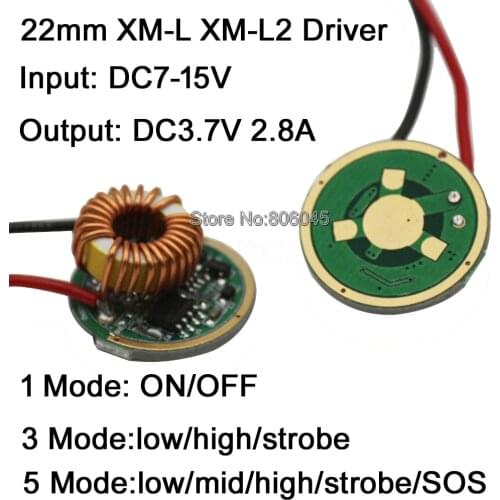 2x 22mm 1 Mode or 3 Modes or 5 Modes T6 Driver DC 7-15V Input Output DC3.7V 2.8A for Cree XML XM-L XML2 XPL 10W LED Emitter