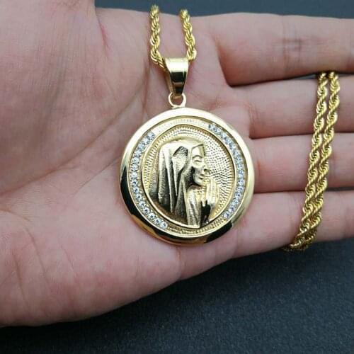 Hip Hop Iced Out Bling Christian Virgin Mary Pendant Necklace Gold Silver Color Stainless Steel Chains For Women Men Jewelry