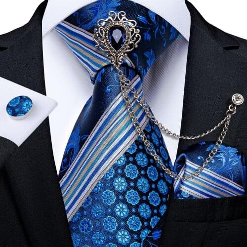 Mens Tie Set Striped Floral Necktie For Men Business Wedding Blue Silk Tie Cufflinks Luxury Brooch Gift Set For Men DiBanGu