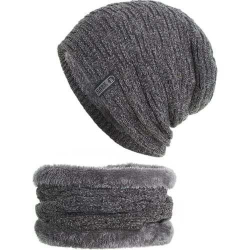 Hot Sell Winter Knitting Velvet Hat Scarf Set Men Women Solid Warm Cap Scarves Male Winter Outdoor Accessories Hats Scarf