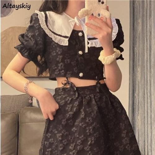 Dress Sets Women Peter Pan Collar Crop Top Summer College Sweet Retro Mini Skirts Printing Party Ulzzang Ladies Fashion Harajuku