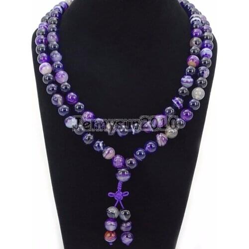 Natural Purple Stripe 10mm Gems Stone Buddhist 108 Bead Prayer Mala Long Necklace Multi-Purpose Bracelet Necklace 5Strands/Pack