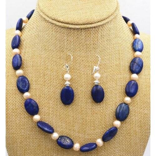 Fashion jewelry Free Shipping Beautiful 20" 13x18mm blue lapis lazuli White Pearl necklace Earrings Set