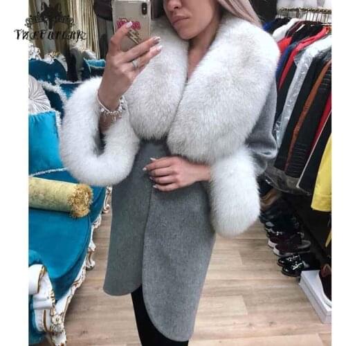 Real Fox Fur Coats Long Style Nature Fur Jackets With Warm Fox Furs Collar & Cuff Slim Woollen Coat Capped Women Winter 2020