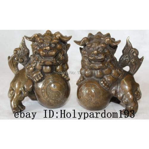 Pair Chinese Home Fengshui Copper Bronze Foo Fu Dog Play Ball Male Female Statue