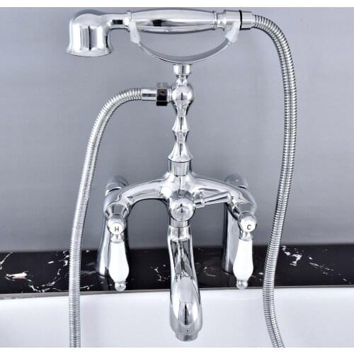 Polished Chrome Deck Mounted Bathroom Tub Faucet Dual Handles Telephone Style Hand Shower Clawfoot Tub Filler atf760