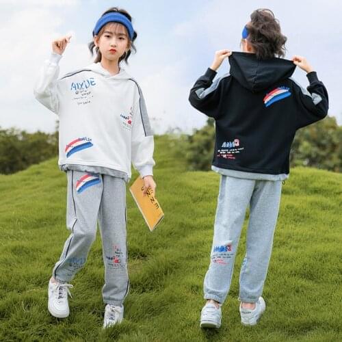Girls Sports Suit Autumn Clothing Cartoon Printing Stitching Hooded Sweatshirt+Pants 2 Piece Sets Kids Clothes Outfits Size 4-13