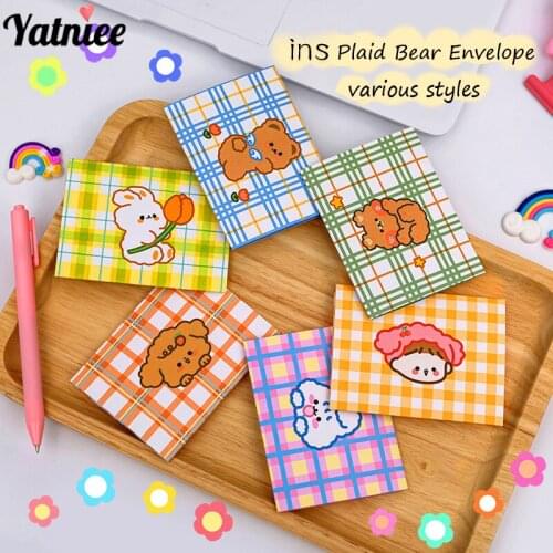 Yatniee 3pcs/pack Plaid Bear Envelope Card Student DIY Message Birthday Card Cartoon Cute Greeting Card Postcard