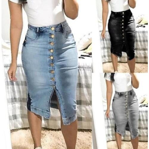 High Waist Women Denim Skirts Buttons Jeans Skirts Short Pockets Street Style Midi Pencil Skirt Female Knee Length