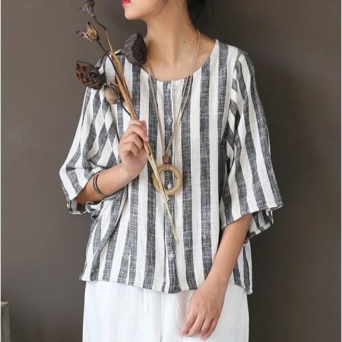 Women Casual Retro Striped Cotton Linen Shirts Ladies Striped Vintage Blouse Autumn Three Quarter Sleeve Single Breasted