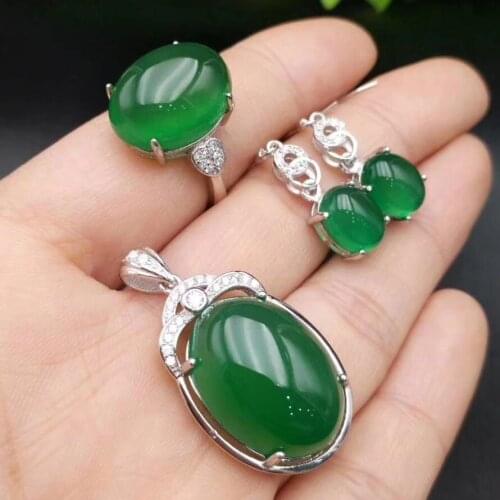 Drop Shipping Womens Agate Jewelry Sets Natural Chalcedony Jades Pendant Necklace Egg Ring Earrings S925 Sliver Fashion Jewelry
