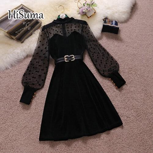 2021 spring new women O-neck lantern sleeve velvet with dot mesh A-line fairy dress female Chic elegant black dresses
