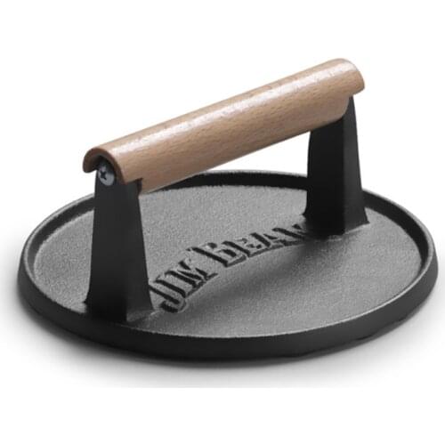 Round Big BBQ Tool Cast Iron Wooden Handle Steak Plate Meat Press Grill Fried Meat Squid Fried Steak Barbecue Pressure Plate