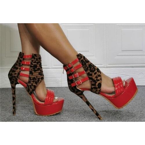 Red Patent Leather Leopard Buckles Platform Sandals Ladies Sexy Night Club Hollow Out Thick Sole Stiletto Heels Party Shoes
