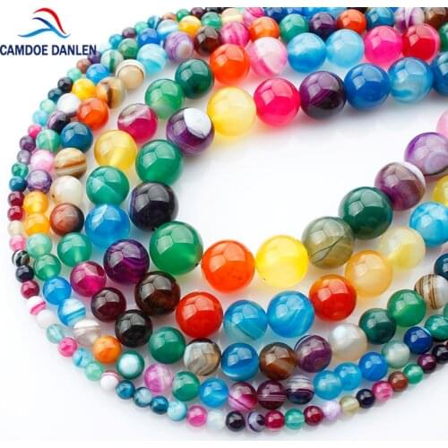CAMDOE DANLEN Natural Gem Stone Bead Mix Colorful Stripe Agat Round Strand Beads 4/6/8/10/12/14MM Fit Diy Beads Jewelry Making