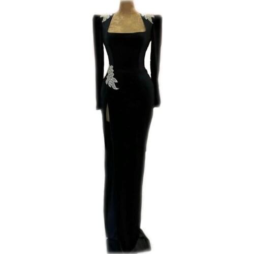 Black Evening Gowns Beaded High Side Split Satin Mermaid Prom Dresses Long Sleeve Vestidos Formal Robe De Soirée