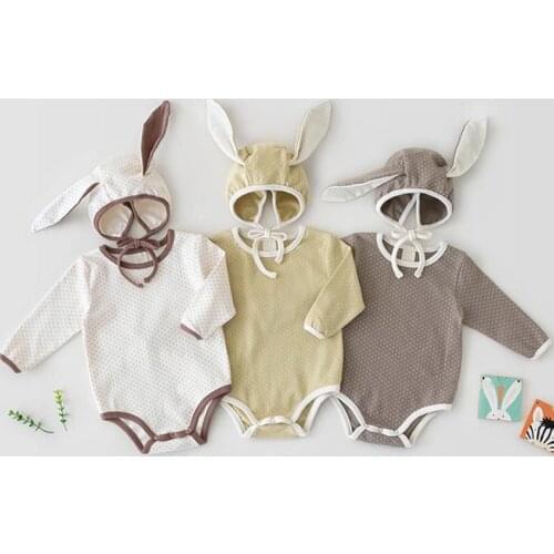 Autumn Infant Girls Bodysuits Long Sleeve Kids Girls Wave Point Jumpsuit With Rabbit Ears Hat Toddler Baby Cotton Casual Clothes