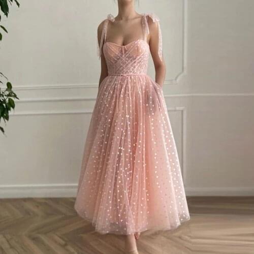 Blush Pink Short Prom Dresses 2021 Spaghetti Straps Midi Evening Dresses with Pockets Tea-Length Wedding Party Dresses