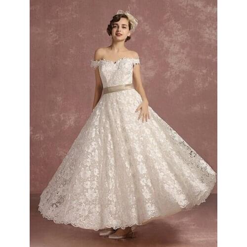 Lace Wedding Dress Vintage Sweetheart A Line Bridal Gown Off The Shoulder Sleeveless Ankle Length Bridal Dress With Detachable R