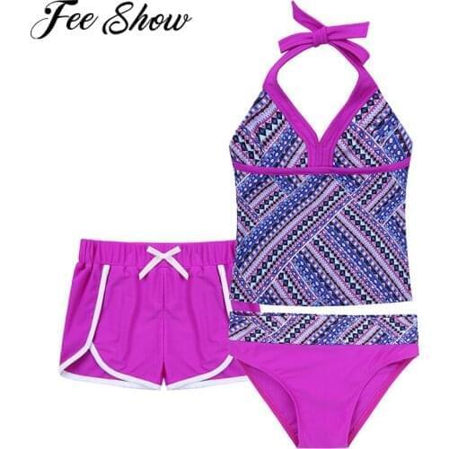 3Pcs Kids Girls Brazilian Swimming Suit Halter Neck Open Upper Back Top+Briefs+Boyshorts Bikini Set Beach Swimwear Bathing Suits