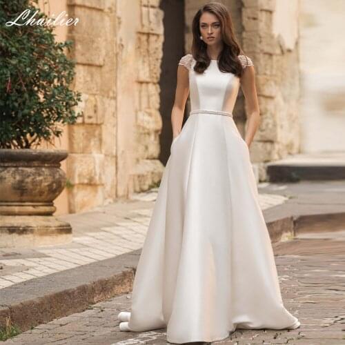 Lhuilier Elegant A-line Beaded Satin Wedding Dresses 2020 Cap Sleeves Floor Length Illusion Back Bridal Dress with Belt