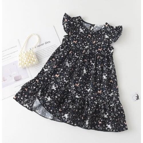 Menoea Girls Dresses Summer Fashion Style Children Fly-Sleeve Casual Black Dress Girls Animals Pattern Party Dresses 2-7Years
