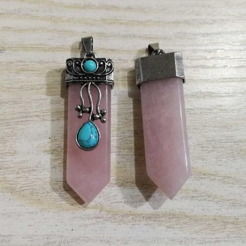 Fashion Reiki natural rose quartzs Stone Sword Pendants Pendulums Necklace for necklace Jewelry making Charm accessories 6pcs