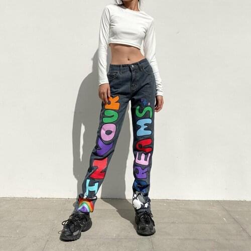 Women’s Fashion Letter High-waist Denim Pants with Pocket for Vacation High Street Wear Straight Jeans Korean