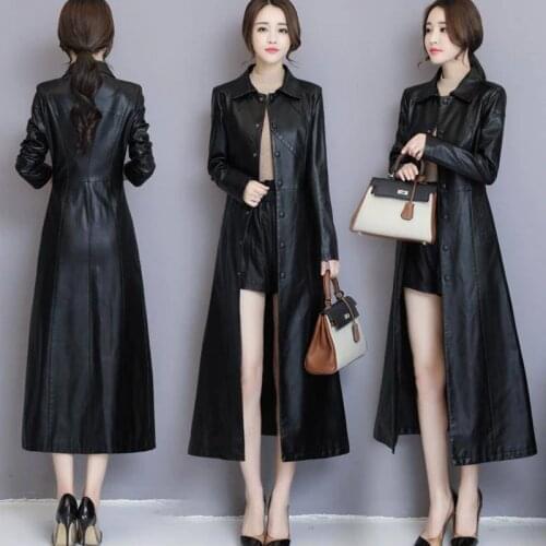 New Black and Red Leather Jacket Long Coat Spring Autumn Women Leather Coat Long Sleeve Single Breasted Pocket Female Jacket 232